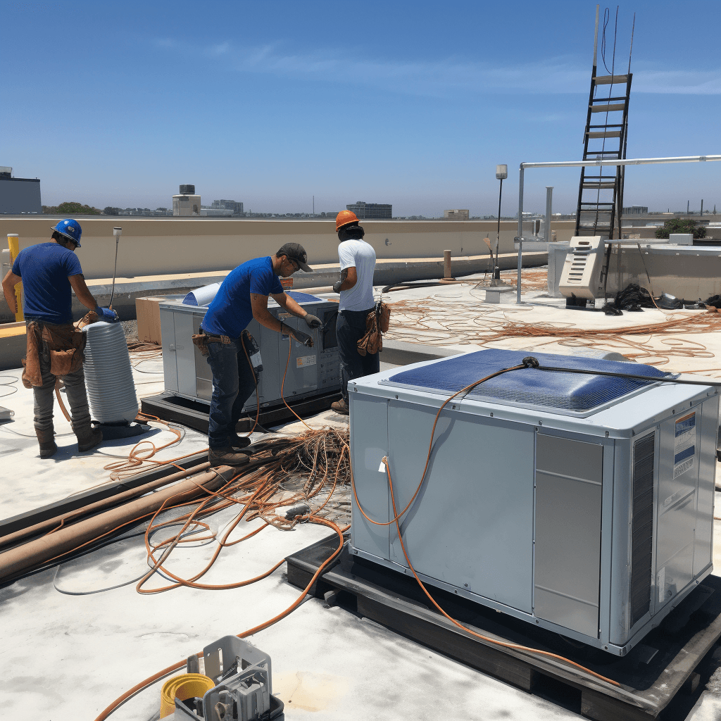 Técnicos de DICEC dando mantenimiento a unidades de aire acondicionado en el techo de un edificio